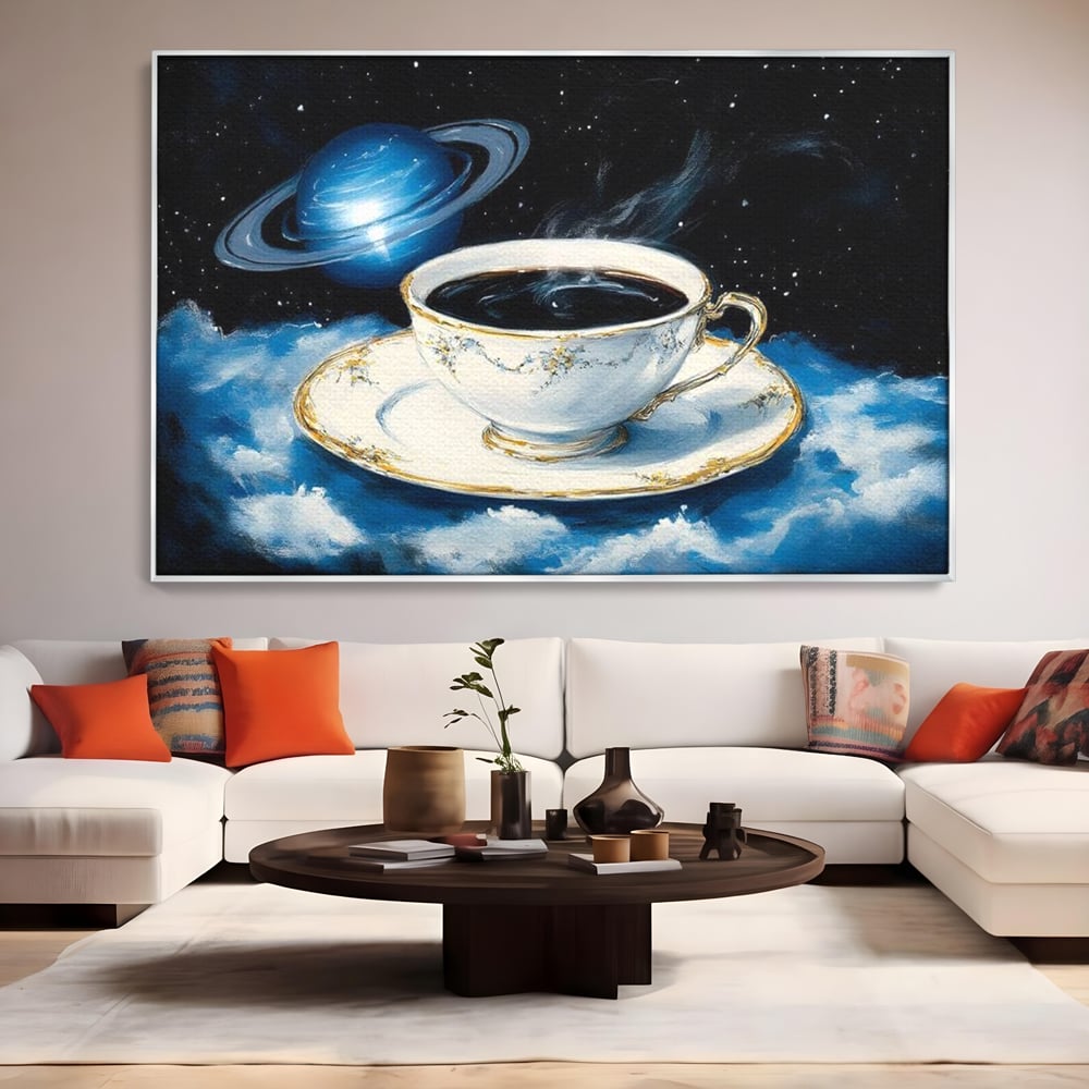 Tablou canvas cu tablou canvas cu ceasca si planeta, in rama de aluminiu argintiu, pe perete intr-un living
